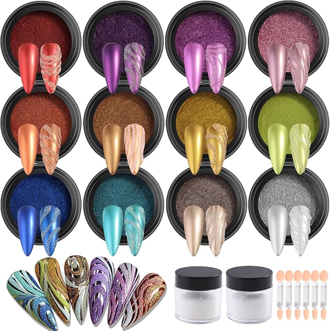 Chrome Nail Powder Set 12 Colors Gold Silver Bronze Chrome Powder for Nails Metallic Nail Glitter Red Green Blue Mirror Rub Pigment with 2PCS Extra Fine White Sugar Powder Nail Design