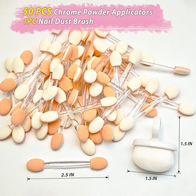 White 50PCS Chrome Nail Powder Applicators & Nail Dust Brush, Dual-Ended Chrome Powder Applicator for Nails, Soft Latex Sponge Eyeshadow Applicators for Mirror and Glitter Effects