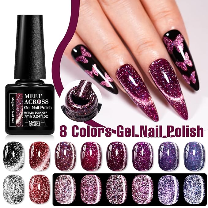 MEET ACROSS 9Pcs Cat Eye Gel Nail Polish Set Glitter Purple Red Black Magnetic Gel Polish Kit with Magnet, Soak Off UV/LED Cateye Nail Polish DIY Manicure Kit 8 Colors