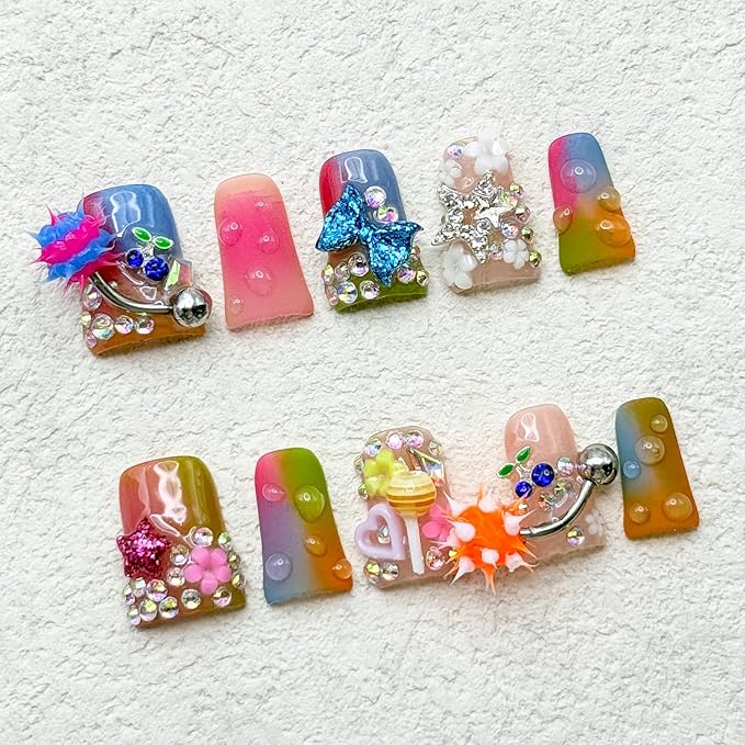 10 Pcs Handmade Duck Press on Nails with Glue,Colorful Fake Nails with 3D Diamond Pink Pentagram Blue Bow Tie Design Acrylic Press on Nail Reusable Thick Handmade False Nails for Women DIY (Size M)
