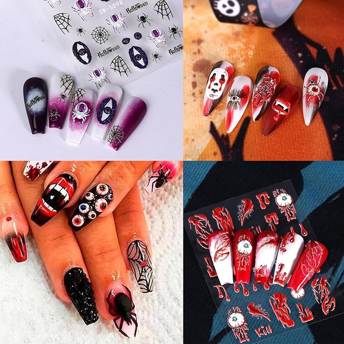 Attractive Designs Halloween Nail Stickers, 5D Embossed Self Adhesive Art Decals,Skull Ghost Spider Webs Pumpkin Bloody Eyes Bat Perfect for DIY Nails Halloween-Themed Party Gift
