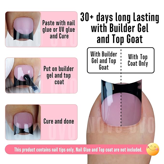 NOVO OVO Halloween Black French Tip Short Toe Nail Tips Press on with Moon Curve, BERRY PINK Thick Sharp Square Toenail Extension, Soft Gel False Nail Kit, Need Glue Builder Gel x 15 Sizes 240 pcs