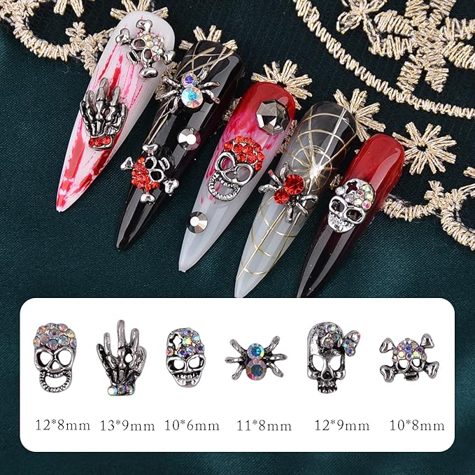 Halloween Nail Charms Rhinestones Decorations - 60Pcs/Box Multi Shape Halloween Nail Accessories Metal Punk Vintage Sliver Nail Design for DIY Nail Art Craft