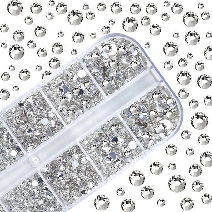 Nail Art Rhinestones Kit HUETFAT 2400pcs Nail Gems Crystal Clear Flatback Rhinestones Gems Stones, with Storage Organizer Box/Wax Pencil/Tweezers 6 Sizes (1.9-4.5 mm) for Nail Art Craft