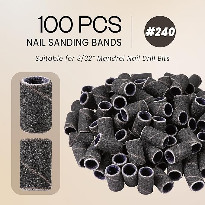 100 Pcs Large Nail Drill Bits Sanding Bands for Nail Drill – Nail File for Acrylic Nail Gel Manicures Pedicure PANA Nail Drill Bits (Sanding Bands Variation 01) (240 Grit, Large Black)