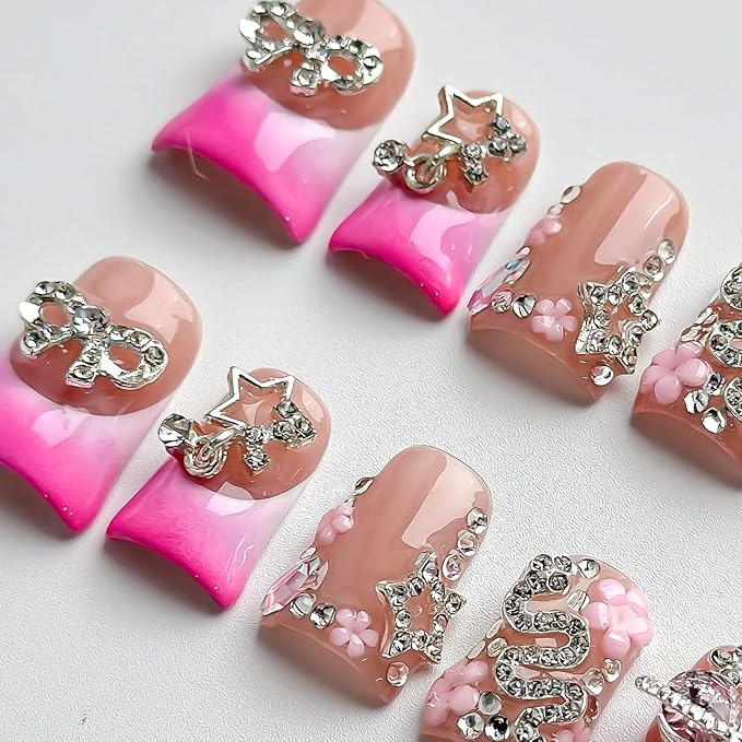 Luxury Press on Nails Short Duck Handmade 3D Unique Reusable ABS Material Fake Nails Pink French Tip False Nails with Designs Flower Bow Stars Rhinestones Glossy Glue on Nail Thick Acrylic Nail(M)