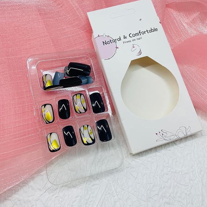 Square Press on Nails Short Fake Nails with Designs Gold Foil Stick on Nail Black French Acrylic False Nail Glossy Artificial Nail Full Cover Glue on Nails for Women 24Pcs
