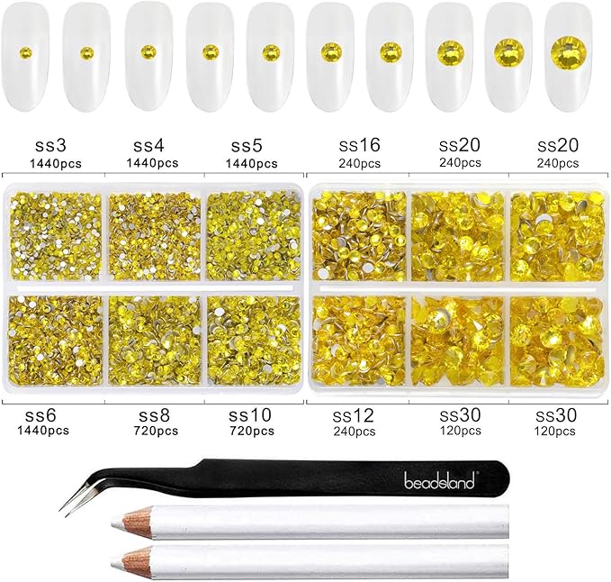 Beadsland 8300PCS Flatback Rhinestones, Yellow Rhinestone Nail Gems Round Crystal Rhinestones for Crafts, Mixed 10 Sizes with Wax Pencil and Tweezer Kit, SS3-SS30, Citrine/Lemon Yellow