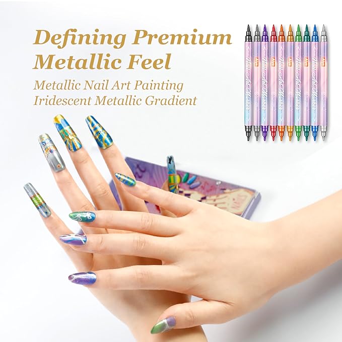 Metallic Nail Art Pens Set, 10 Colors Double-Ended Nail Design Markers with Fine & Brush Tip, Quick-Dry Water-Based Paint for DIY Manicure, Salon & Home Nail Art Decoration