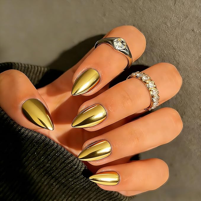 Chrome Press on Nails Short Almond, Metallic Gold Fake Nails with a Sparkle Mirror Finish, Glitter Glue on Nails for Women Birthday Party, Thick Quality Soft Gel Nail Press ons 30 Pcs