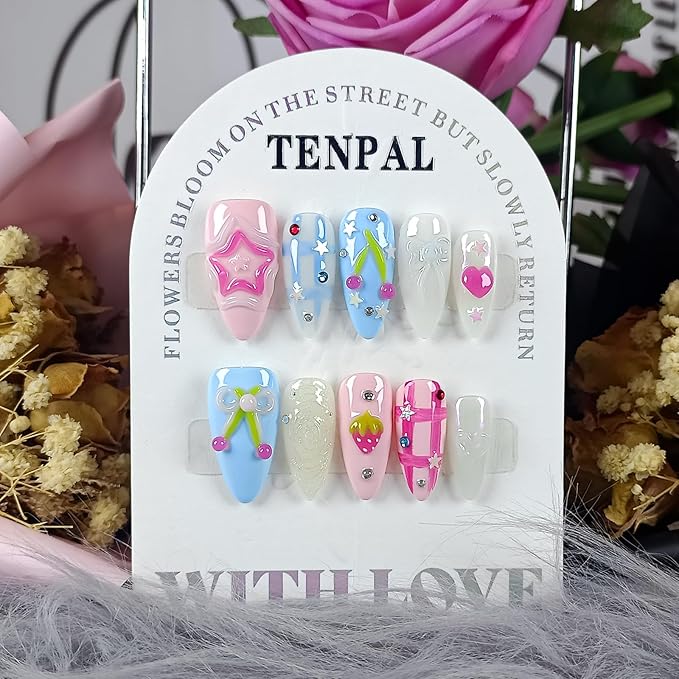 Handmade Press On Nails Almond,Blue Pink Summer Nails,Checkered Glitter Fruit False Nails with Rhinestone Stars Holographic Designs,Soft Gel Sweet Cute Fake Nails for Girls,10pcs(L,Blue Pink)