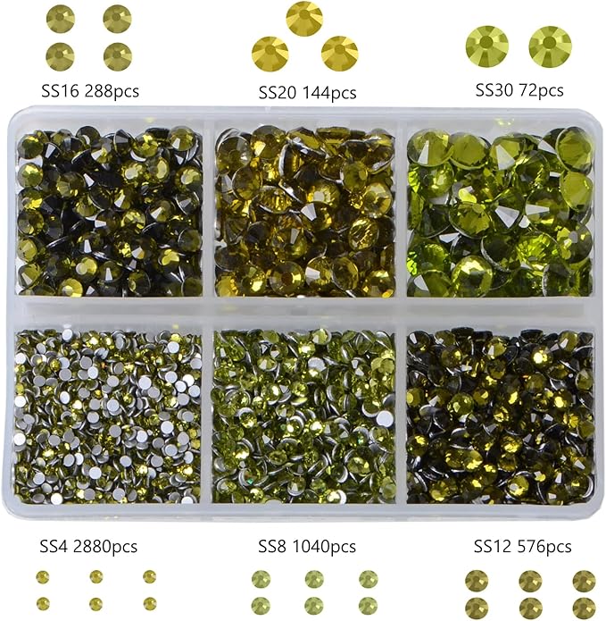 Bymitel 5000 Pieces 6 Mixed Sizes Glue Fix on Glass Rhinestones Round Crystal Gems Flatback for DIY Jewelry Making with one Picking Pen(6-Sizes 5000PCS, Olivine)