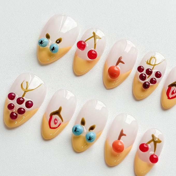 Luxury Press on Nails Short Almond Handmade 3D Unique Reusable ABS Material Fake Nails Yellow French Tip Purple False Nails with Designs Fruit Cherry Grape Glossy Glue on Nail Thick Acrylic Nail(M)
