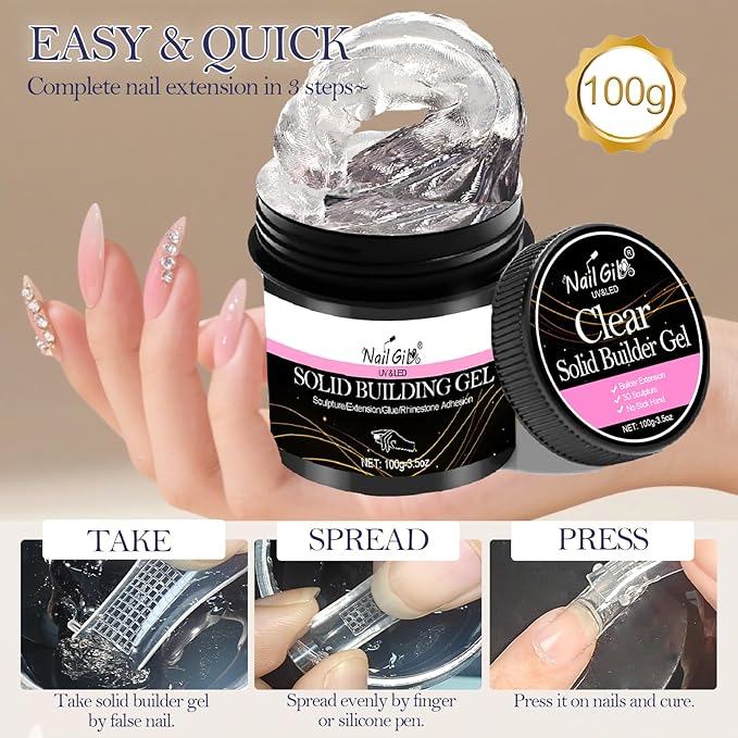 NAILGIL Solid Sculpture Builder Gel,100g Non-Stick Hand Nail Extension Gel for 3D Sculpting Carving Decoration Soak Off UV LED Nail Art Salon, Clear
