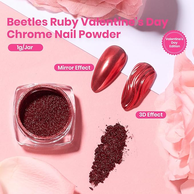Beetles Valentines Red Chrome Nail Powder Mirror Effect Chrome Powder for Nails Metallic Red Gel Polish Nail Art DIY Decoration Gifts for Women