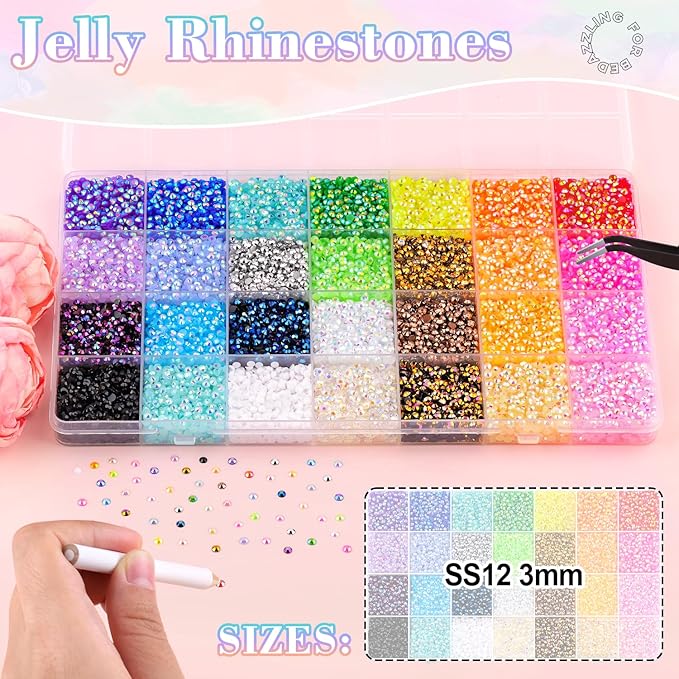 34000Pcs Resin Rhinestones with 3Pcs B7000 Jewelry Glue for Crafting, Multicolors 3mm Non Hotfix Flatback Gems, Bedazzling Crystal for DIY Crafts Clothing Tumblers Mugs Shoes Fabric Decor Nail Art