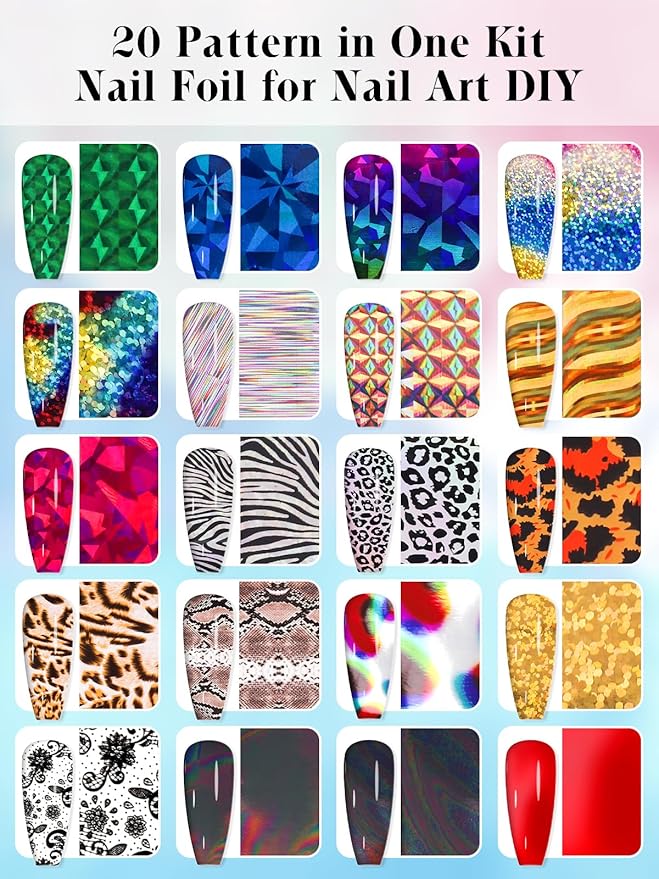 Kalolary 30ML Nail Foil Glue Gel with 20Pcs Foil Transfer Stickers Set, Laser Leopard Transfer Stickers DIY Decoration for Salon or Home Use
