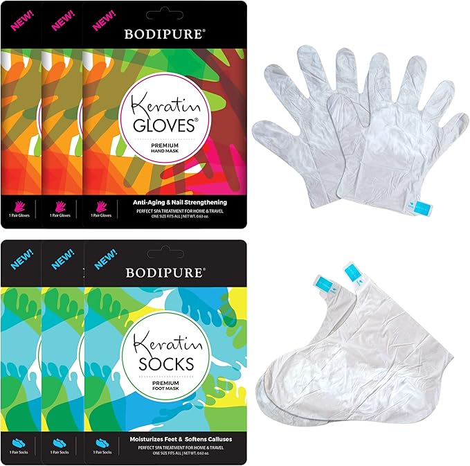 Bodipure Premium Hand and Foot Mask | Moisturizing Kertain Gloves & Socks | Hydrating Dull Dry Hands, Cracked Heels, Callus Softening & Nail Strengthening | Chemical-Free Feet Treatment | (3+3 Pack)