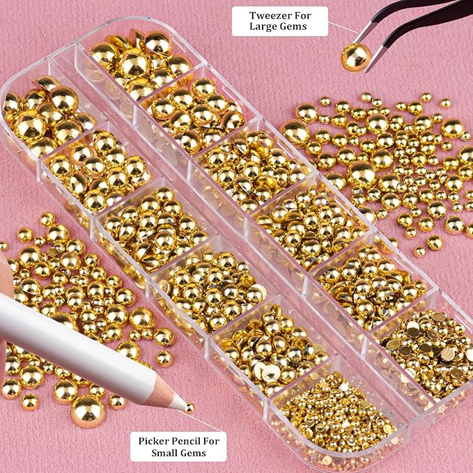 Belleboost Gold Nail Charms and Gems, 2 Boxes Half Round Flatback Pearl Nail Charms, Nail Pearls Rhinestones Kit Gold Beads for Nails with Pencil and Tweezer for DIY Nail Art, Face Makeup and Crafting