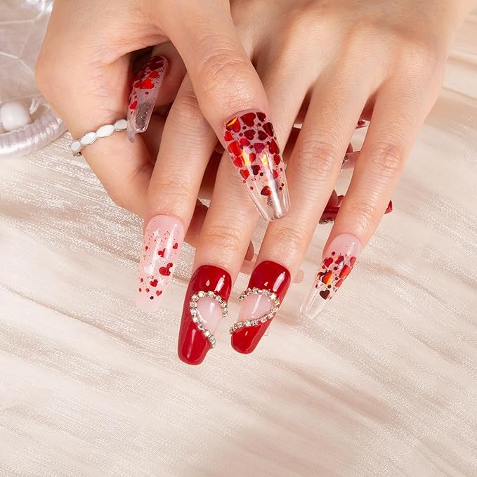 LOVFUL Press on Nails Valentine's Day Exclusive | Handmade with Full Covered Crystals | Reusable Full Cover Nails | Coffin Classic Regular 1.3 in | H154-M