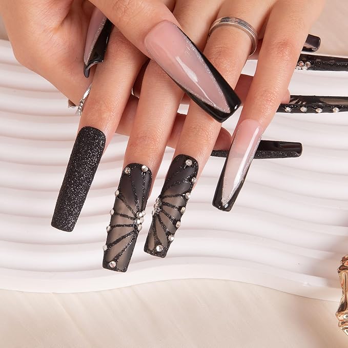 LOVFUL Press on Nails Dancing Spirit Black| Handmade with Full Covered Crystals| Reusable Fake Nails| Square Mid length 1.7in| H79-L