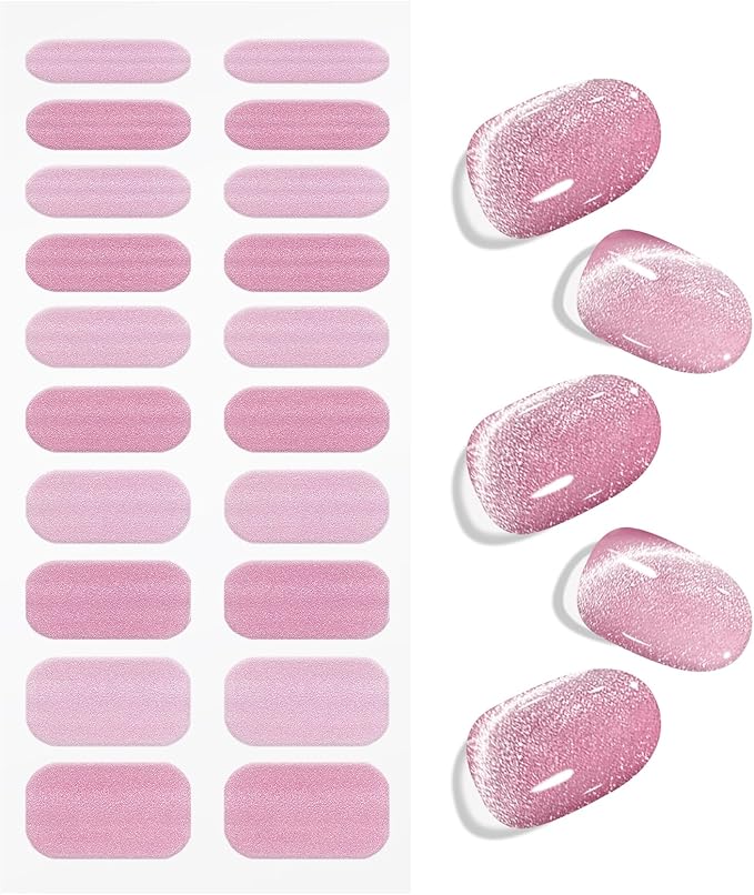 JMEOWIO Gel Nail Stickers Pink Cat Eye Semi Cured Gel Nail Strips Wraps UV/LED Nails Art Design Decoration Accessories