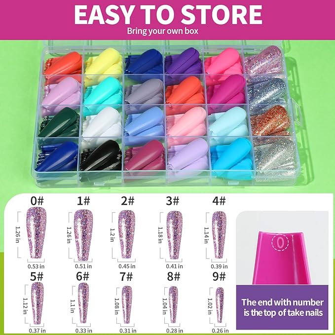 Teenitor Long Fake Nails Kit - 10 Colors Matte & Glossy, 4 Glitter Press On Nails