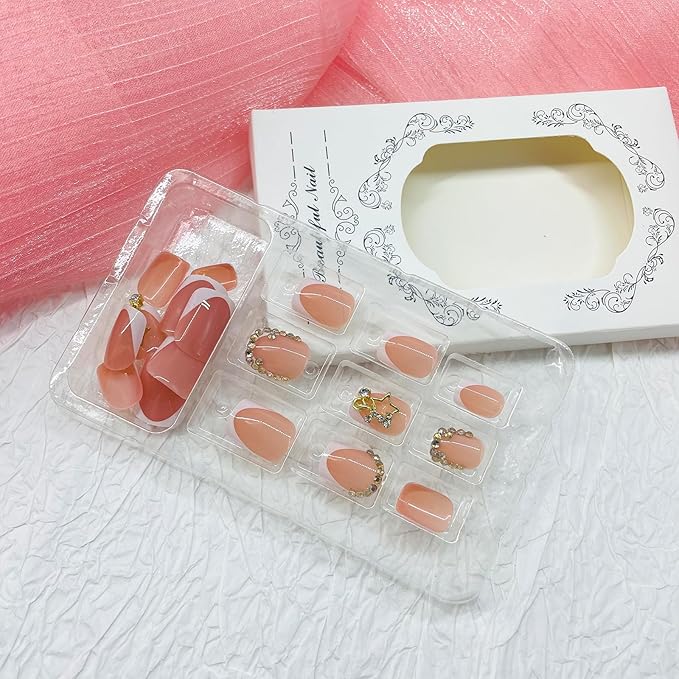 Square Press on Nails Short Fake Nails with Designs Stars Rhinestone Stick on Nail White French Acrylic False Nail Glossy Artificial Nail Full Cover Glue on Nails for Women 24Pcs
