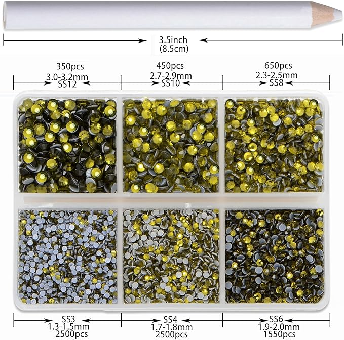 8000pcs Hotfix Rhinestones Flatback,Rhinestones for Crafts Clothes Mixed 6 Sizes, Hotfix Crystals with Wax Pencil Kit, SS3-SS12,Olivine