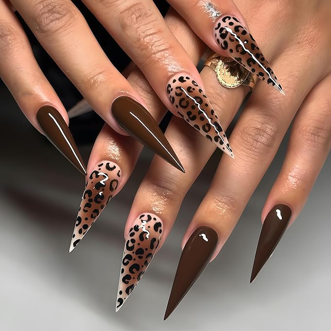24 Pcs Stiletto Press on Nails Long Fake Nails with Leopard Print Designs Natural Reusable Brown Acrylic Nails Brown Leopard Print Artificial Nails Ombre Full Cover Stick on Nails for Women Manicure
