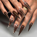 24 Pcs Stiletto Press on Nails Long Fake Nails with Leopard Print Designs Natural Reusable Brown Acrylic Nails Brown Leopard Print Artificial Nails Ombre Full Cover Stick on Nails for Women Manicure