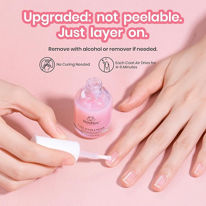 Beetles Nail Strengthener, Air Dry Pink Neutral Nail Polish Strengthener and Growth Nail Growth Treatment Nail Strengthener for Thin Nails and Growth