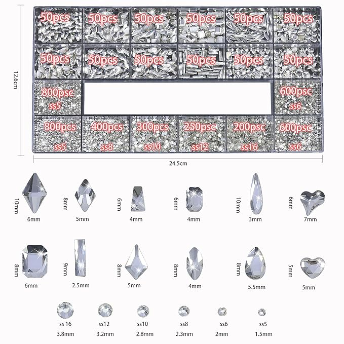 HNUIX Nail Rhinestones - 4550pcs Crystal Transparent, Multiple Shape Gems, Flatback Rhinestones, with Kit and Glue Gel, for Nail Art