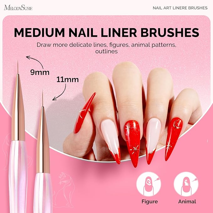 MelodySusie 5Pcs Nail Art Liner Brushes with Nail Brush Holder, Professional Gel Polish Painting Art Design Pen for Thin Long Lines, Tiny Details, Fine Drawing, Delicate Coloring Sizes 5/7/9/11/20mm