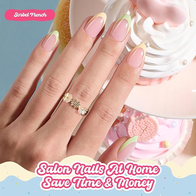 Beetles French Tips Press On Nails, Pastel Spring Nails Short Almond 6 Colors 192 Pcs, Spring Fake Nail Tips, Pink Blue Green Soft Gel Nails False Nails Art DIY For Women
