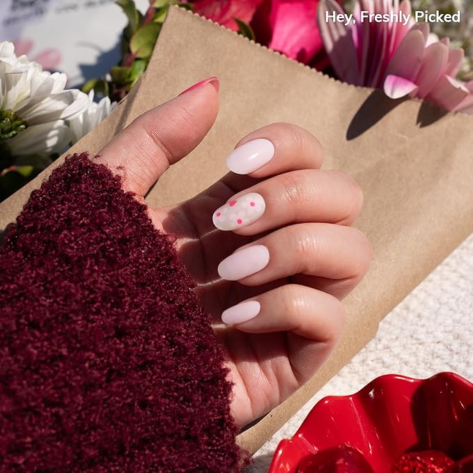 Heyhae Semi Cured Gel Nail Strips | No LED Lamp Needed | Pink, Valentines | Easy Apply & Remove, Salon Quality | Includes 28 Strips, 1 Prep Pads, Nail File & Wooden stick - Hey, Love Blossom