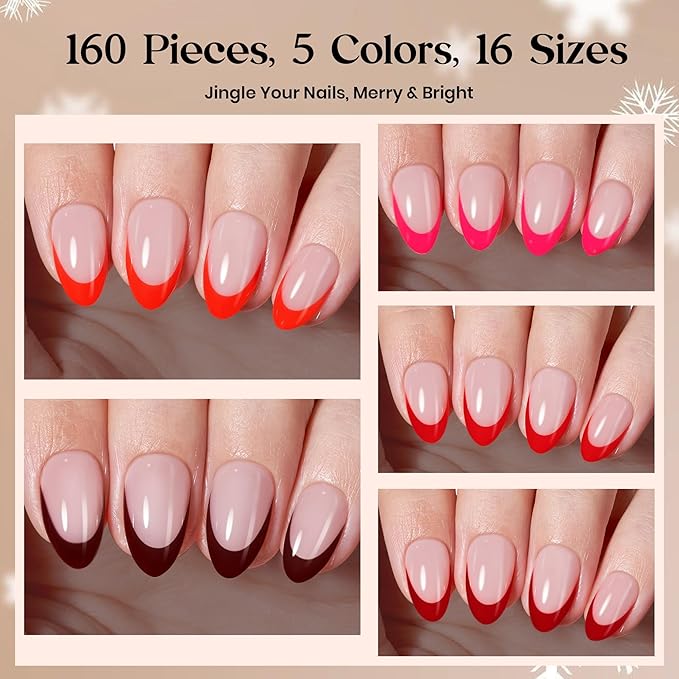 Beetles X Press Red French Tip Press On Nails - Rouge French | 5 Colors Short Almond Press On Nails Valentines | 16 Sizes 160 Pcs Natural Salon Quality For Valentines Nails