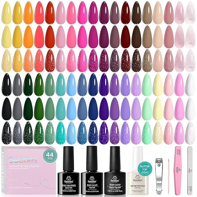 beetles Gel Polish Set Vivid Seasons - Spring Gel Nail Polish Set 36 Colors Pink Yellow Green Purple Jelly Shades 45pcs with Base & Top Coat UV LED Soak Off DIY Salon Valentines Gift for Women & Girls