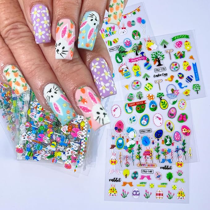 30 Sheets Easter Nail Stickers Cute Bow Chick Carrot Rabbit Nail Art Stickers Flower Tree Easter Egg Nail Decals 3D Self-Adhesive Cartoon Bunny Nail Art Decals for Women Holiday Nail Designs