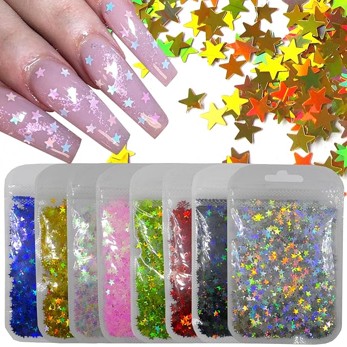 80g Mixed Color Star Chunky Glitter Sequins Iridescent Holographic Stars Glitters Flakes Sparkles Sticker Arts Crafts Resin Supplies Nail Art DIY Designs Decor Confetti (Star)