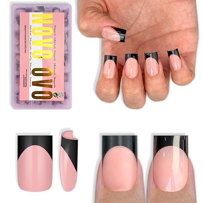 NOVO OVO Short Sharp Square Black French Tip Nail Tips Press on BABY PINK, Extra Thick NEED Nail Glue Builder Gel Top Coat, Soft Gel Full Cover Fake Flase Nail Extension for DIY x 15 Sizes 240 pcs