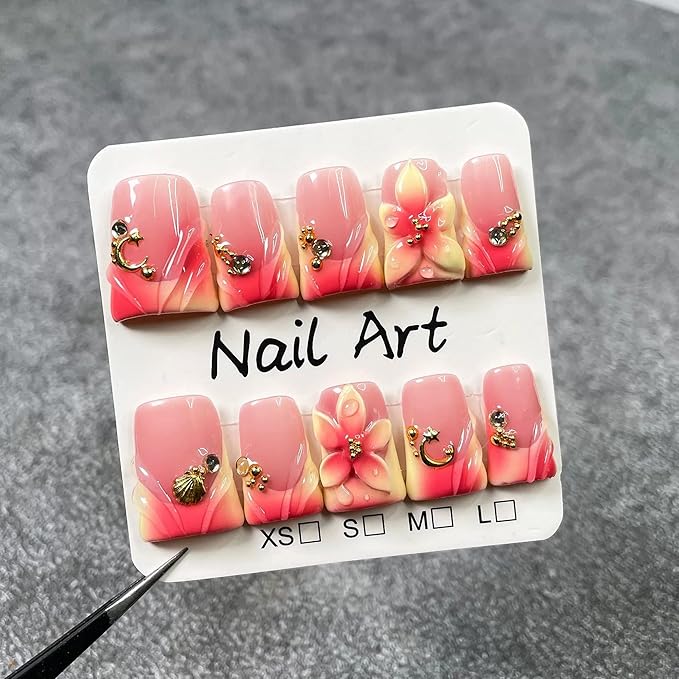 Luxury Press on Nails Medium Square Handmade Duck Fake Nails 3D Flower Pink Ombre French Tips False Nails Press ons with Charms Designs Sparkly Full Cover Acrylic Stick on Nail for Women 10(Size M)