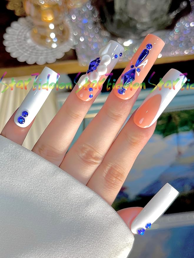 HAND-PAINTED Short Square Press on Nails Medium Length Stick on Nails Shoot Nail Art Press on Nail Kit with 7g Nail Glue on Nails Coffin False Nail Set Best Fake Nail Handmade (Medium, Style 2)