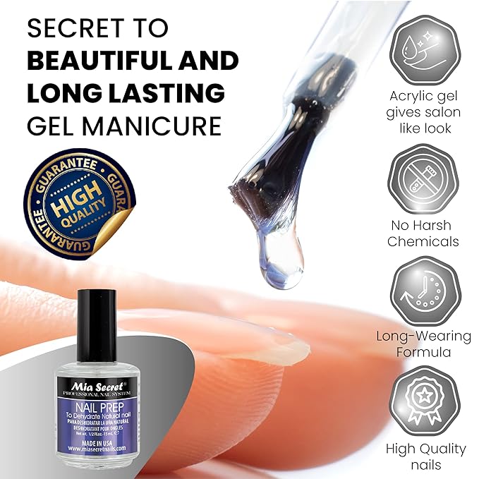 Mia Secret Acrylic Nail Kit: 1/2 oz liquid monomer, 1/2 oz clear acrylic powder, ultra quick nail glue, 1/2 oz ultra gloss top coat, fancy 20 nail tips, 1/2 oz primer, speedy zebra straight nail file 100/100, #8 nail brush and emery block