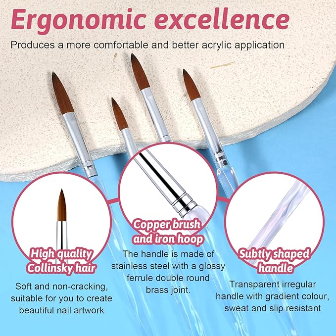 4Pcs Acrylic Nail Brush Set Size 8/10/12/16 Professional Nail Brushes for Nail Extension Nail Art Manicure Tool for Beginner & Professional