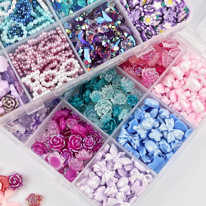 2050 Pieces 3D Butterfly Rose Flower Bow Rabbit Bear Nail Charms Kit with Nail Art Rhinestones Pearls Crystal Gems Nail Slices for Manicure DIY Crafts Jewelry Accessories (Pink Purple Blue)