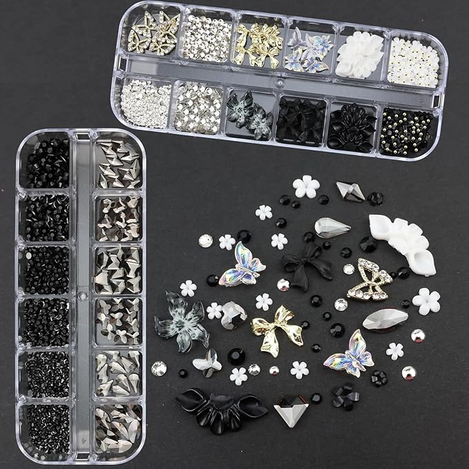 4 Boxes Dark Nail Gems Bow Flower Nail Charms for Acrylics - Irregular Crystals, Nails Rhinestone & Accessories for Women Nails Art Design Nails Decor(Dark)