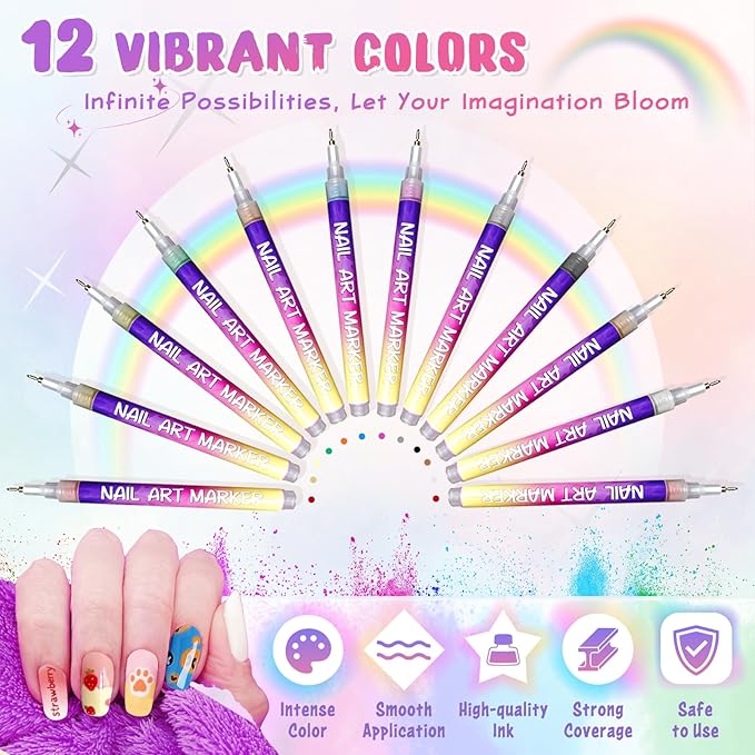 Nail Art Markers, Nail Art Pens for Painting Nails, 12 Colors Nail Art Pens Set with 0.5mm Fine Tip, Quick-Drying Nail Art Marker Pen for DIY Designs, Waterproof Nail Art Pen Kit for Home Salon Use