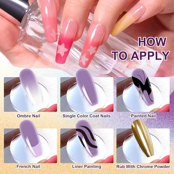 Gradient Gel Nail Set, 4 Bright Colors Ombre Gel Nail Polish with 6 Aurora Multi-Purpose Brushes for Pigment Pat Nails French Manicure Nail DIY Painting Soak Off UV Ice Cream Dream