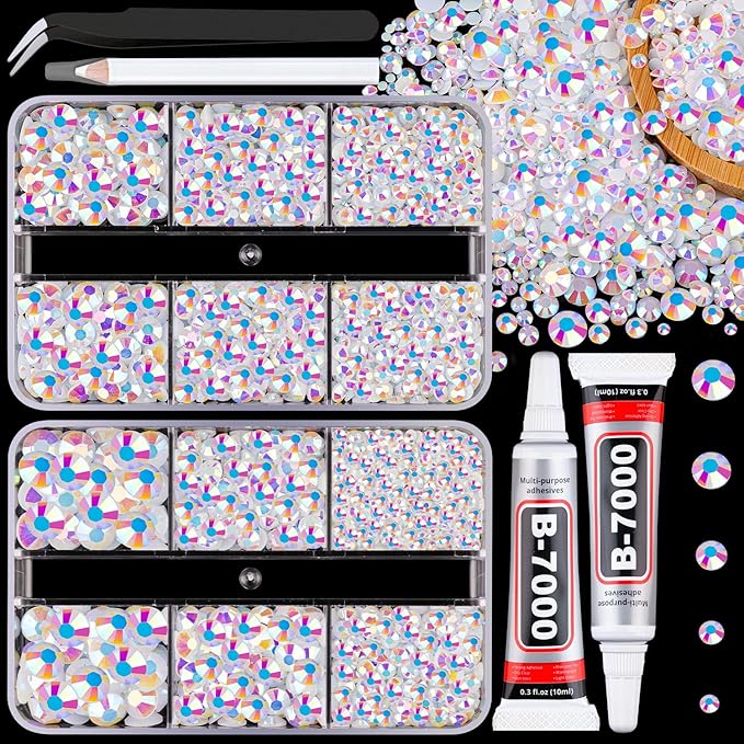 Resin Jelly Rhinestones for Crafting with B7000 Jewelry Glue, 2 Boxes White AB Flatback Crystals with 2Pcs 10ml Glue, Bedazzling Non Hotfix Gems for DIY Tumblers Clothing Shoes Manicure